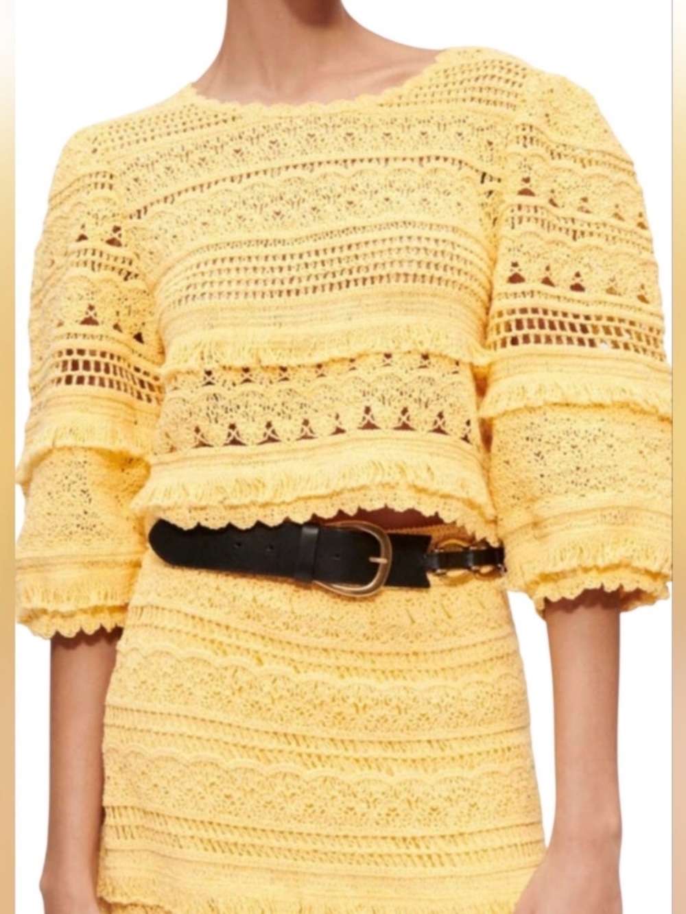 MAJE Yellow Crochet Knit Puff-Sleeve Top